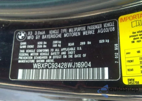 2008 BMW X3 3.0Si from USA, damaged, VIN WBXPC93428WJ16904